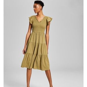 Smocked Flutter-Sleeve Midi Dres